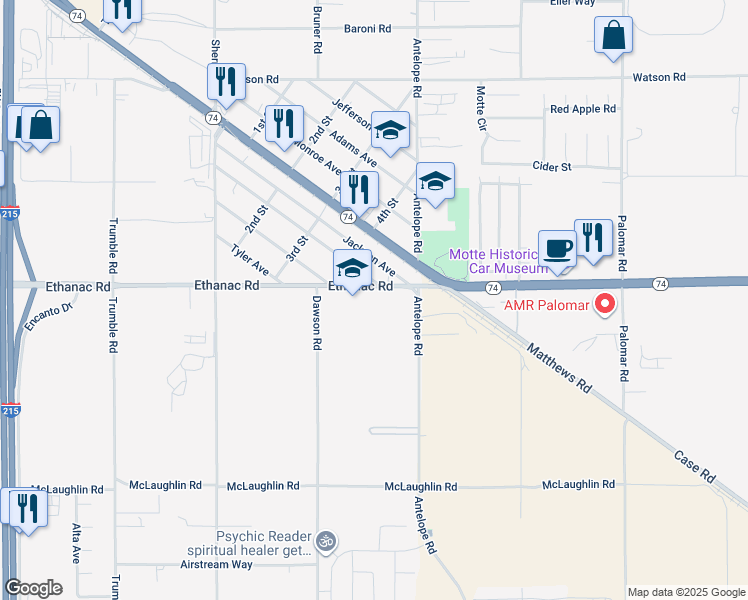 map of restaurants, bars, coffee shops, grocery stores, and more near 27887 Ethanac Road in Menifee