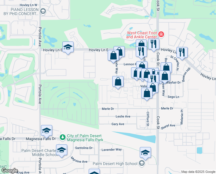 map of restaurants, bars, coffee shops, grocery stores, and more near 42057 Verdin Lane in Palm Desert