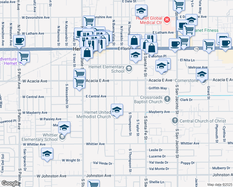 map of restaurants, bars, coffee shops, grocery stores, and more near 346 South Buena Vista Street in Hemet