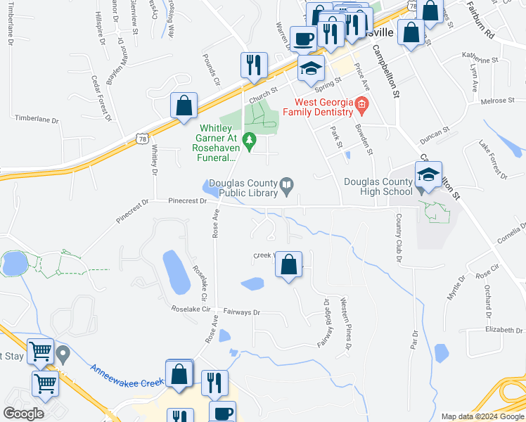 map of restaurants, bars, coffee shops, grocery stores, and more near 6845 Selman Drive in Douglasville