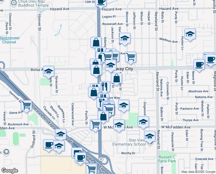 map of restaurants, bars, coffee shops, grocery stores, and more near 15161 Jackson Street in Midway City
