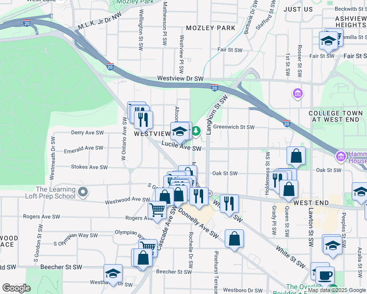 map of restaurants, bars, coffee shops, grocery stores, and more near 1444 Lucile Avenue Southwest in Atlanta