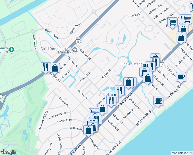 map of restaurants, bars, coffee shops, grocery stores, and more near 6523 Valene Court in Myrtle Beach