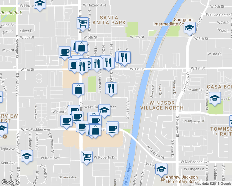 map of restaurants, bars, coffee shops, grocery stores, and more near 328 South Laurel Street in Santa Ana
