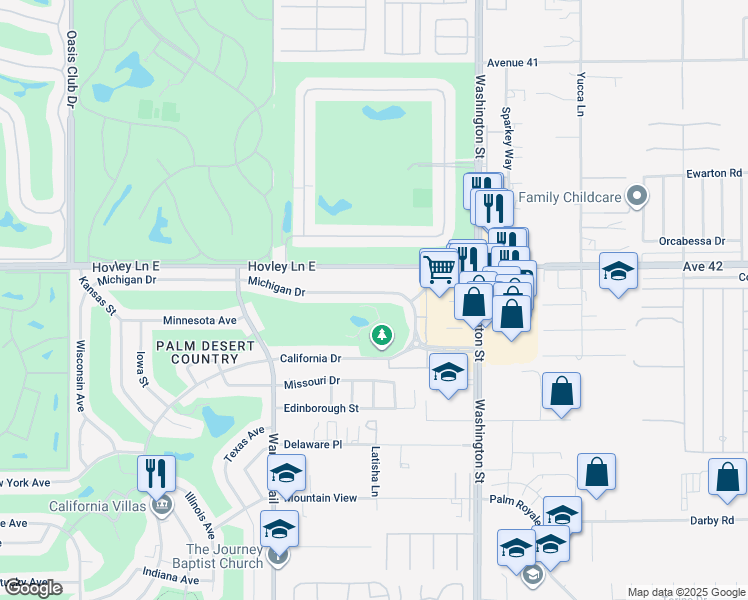 map of restaurants, bars, coffee shops, grocery stores, and more near 77735 Michigan Drive in Palm Desert