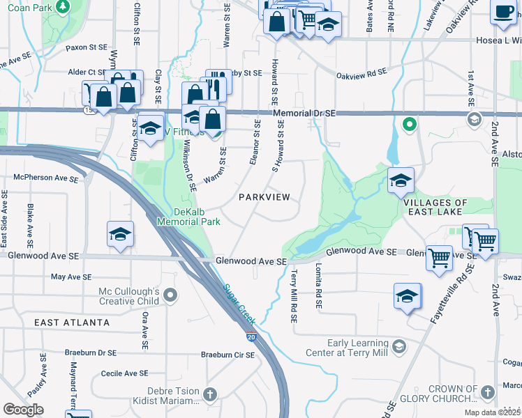 map of restaurants, bars, coffee shops, grocery stores, and more near 378 South Howard Street Southeast in Atlanta