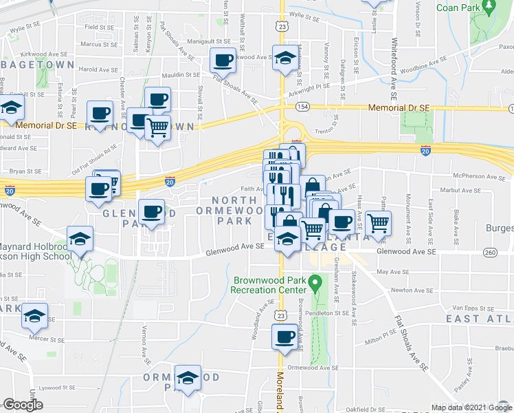 map of restaurants, bars, coffee shops, grocery stores, and more near 427 Florida Avenue Southeast in Atlanta