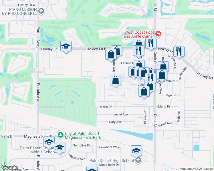 map of restaurants, bars, coffee shops, grocery stores, and more near 74569 Falcon Lane in Palm Desert