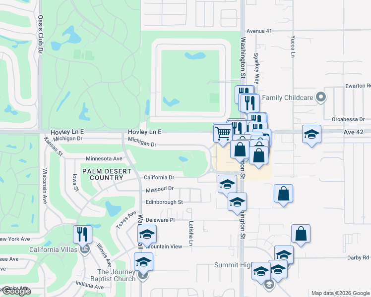 map of restaurants, bars, coffee shops, grocery stores, and more near 77725 Michigan Drive in Palm Desert