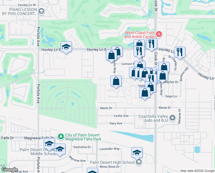 map of restaurants, bars, coffee shops, grocery stores, and more near 42057 Verdin Lane in Palm Desert