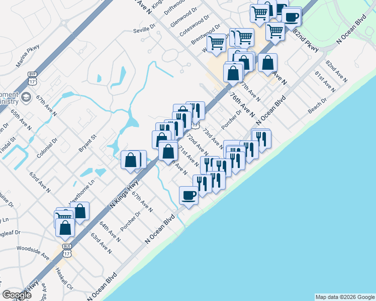 map of restaurants, bars, coffee shops, grocery stores, and more near 712 Saw Grass Villas in Myrtle Beach