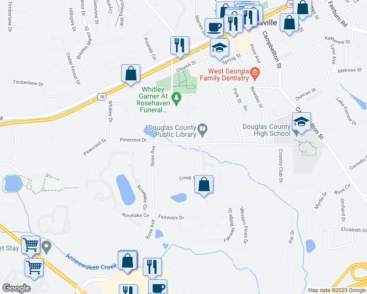map of restaurants, bars, coffee shops, grocery stores, and more near 6853 Selman Drive in Douglasville