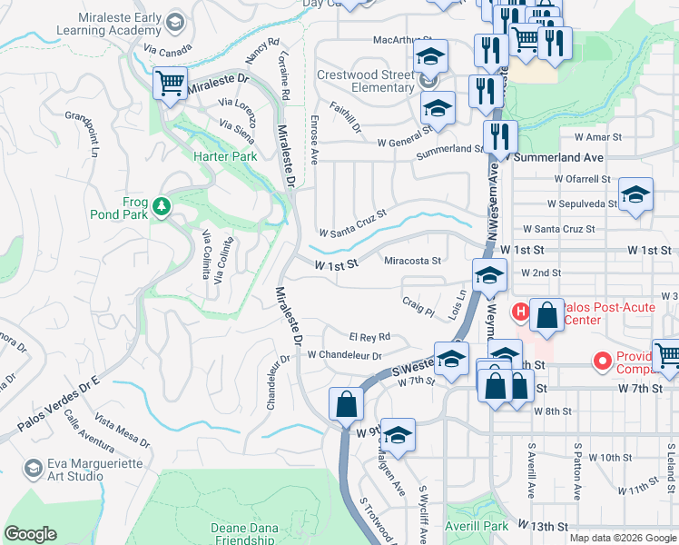 map of restaurants, bars, coffee shops, grocery stores, and more near 394 Miraleste Drive in Los Angeles