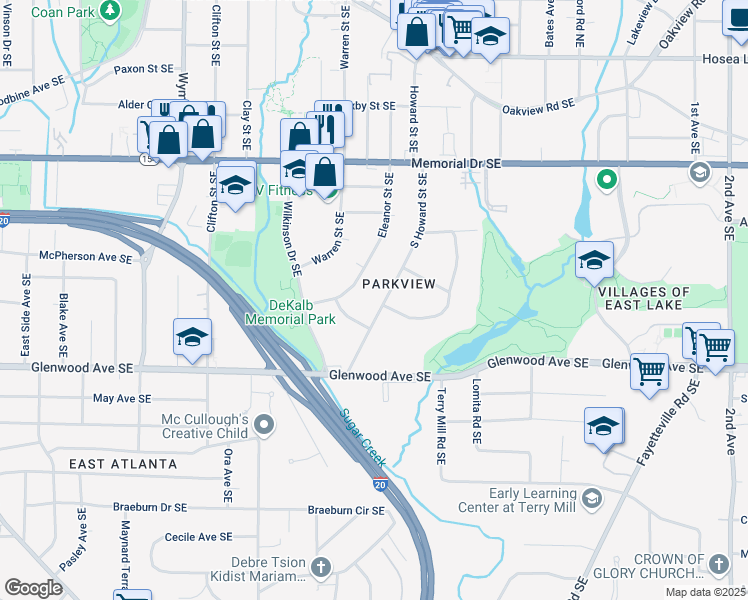 map of restaurants, bars, coffee shops, grocery stores, and more near 387 South Howard Street Southeast in Atlanta