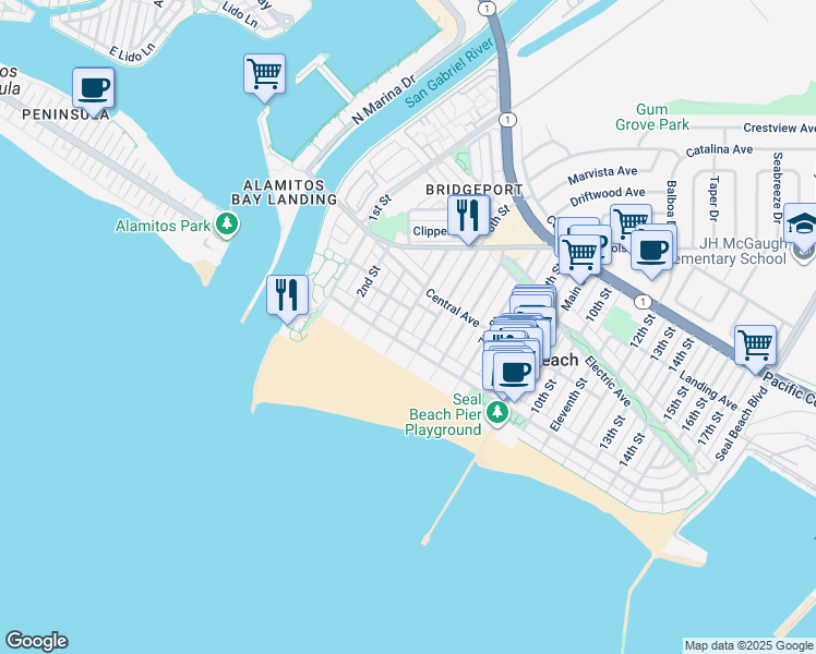 map of restaurants, bars, coffee shops, grocery stores, and more near 114 4th Street in Seal Beach