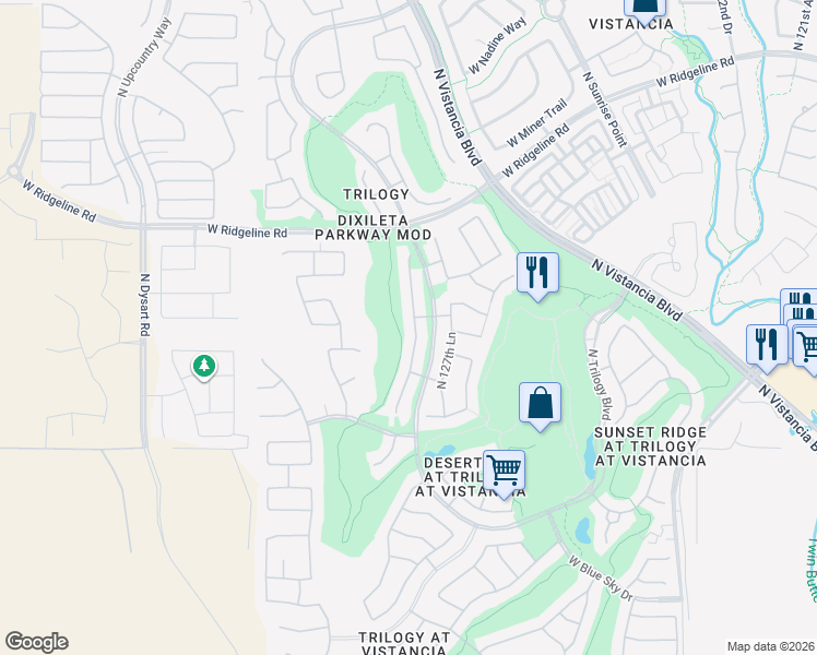 map of restaurants, bars, coffee shops, grocery stores, and more near 28630 North 128th Drive in Peoria
