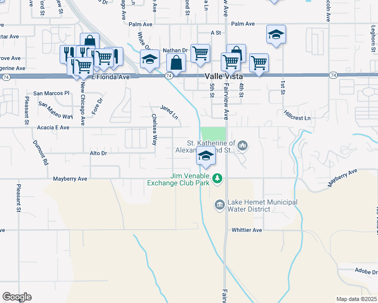 map of restaurants, bars, coffee shops, grocery stores, and more near 43833 Payne Avenue in Hemet