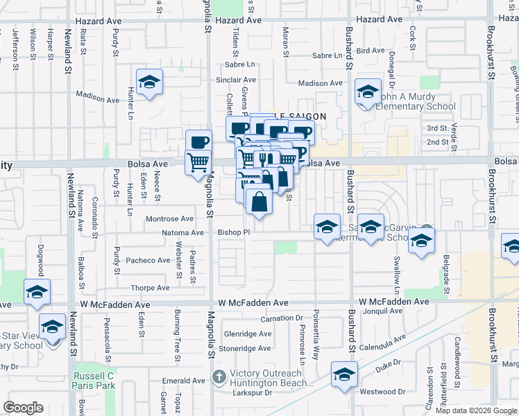 map of restaurants, bars, coffee shops, grocery stores, and more near 9200 Bolsa Avenue in Westminster