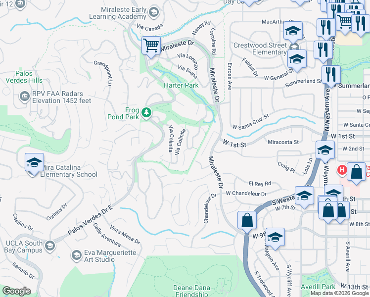 map of restaurants, bars, coffee shops, grocery stores, and more near 6461 Via Colinita in Rancho Palos Verdes