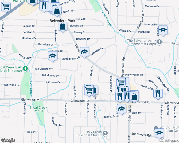 map of restaurants, bars, coffee shops, grocery stores, and more near 1693 Derrill Drive in Decatur