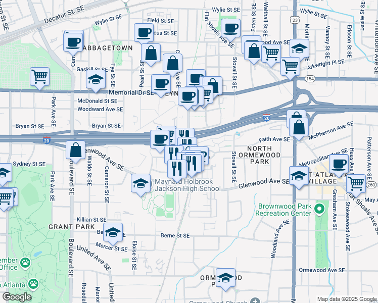 map of restaurants, bars, coffee shops, grocery stores, and more near 382 Bill Kennedy Way Southeast in Atlanta
