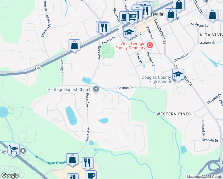 map of restaurants, bars, coffee shops, grocery stores, and more near 6833 Selman Drive in Douglasville
