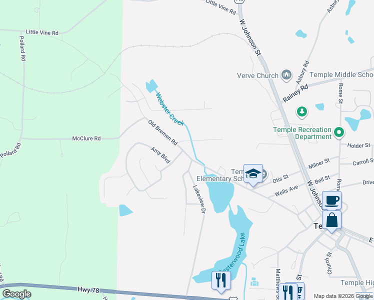 map of restaurants, bars, coffee shops, grocery stores, and more near 401 Old Bremen Road in Temple