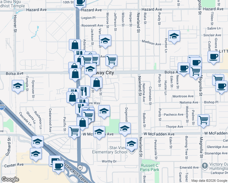 map of restaurants, bars, coffee shops, grocery stores, and more near 8200 Bolsa Avenue in Midway City