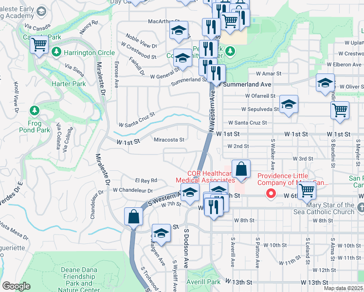 map of restaurants, bars, coffee shops, grocery stores, and more near 1622 Laraine Circle in Los Angeles