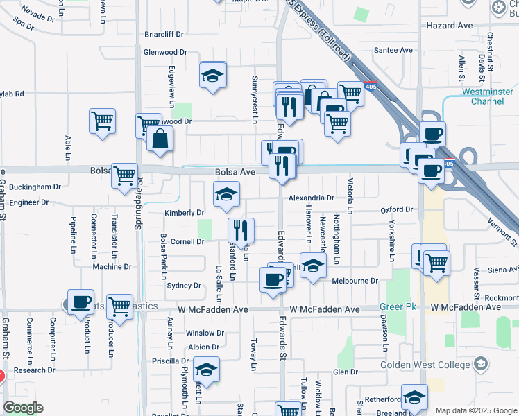 map of restaurants, bars, coffee shops, grocery stores, and more near 6401 Yale Circle in Huntington Beach