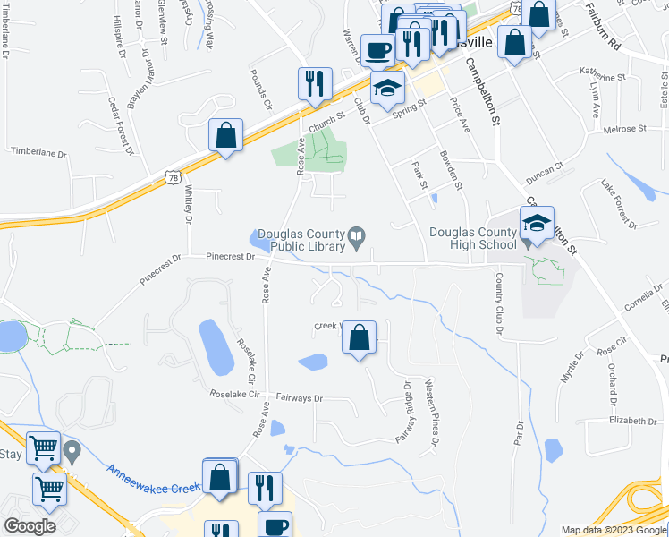 map of restaurants, bars, coffee shops, grocery stores, and more near 6841 Selman Drive in Douglasville