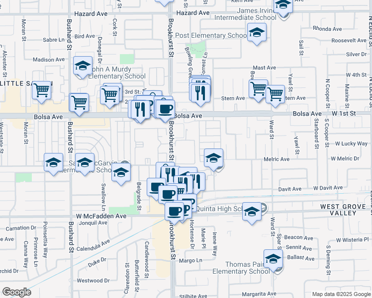 map of restaurants, bars, coffee shops, grocery stores, and more near 15130 Brookhurst Street in Westminster