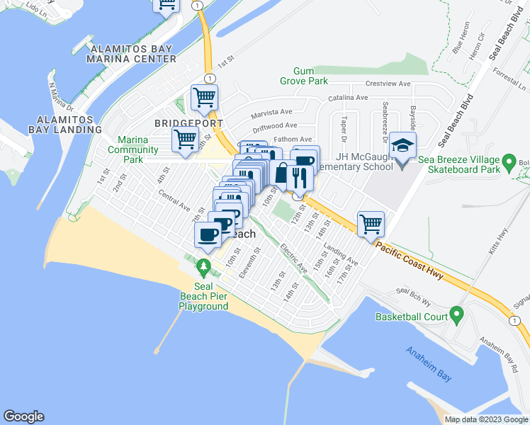 map of restaurants, bars, coffee shops, grocery stores, and more near 316 10th Street in Seal Beach