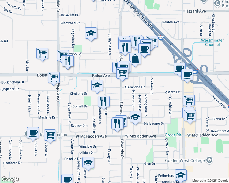 map of restaurants, bars, coffee shops, grocery stores, and more near 6431 Yale Circle in Huntington Beach