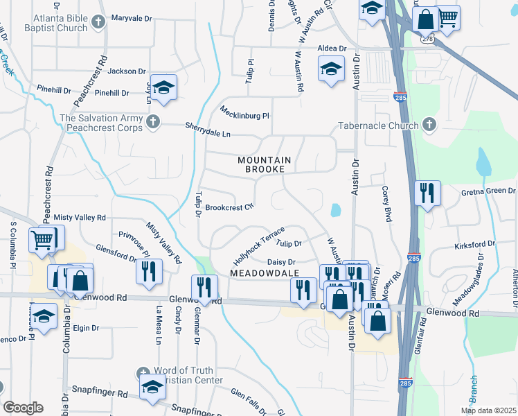 map of restaurants, bars, coffee shops, grocery stores, and more near 3659 Brookcrest Circle in Decatur