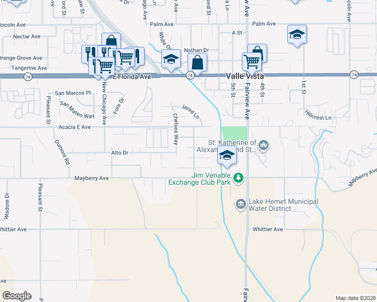 map of restaurants, bars, coffee shops, grocery stores, and more near 43715 Payne Avenue in Hemet