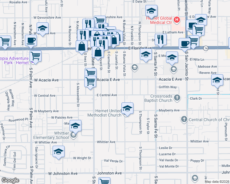 map of restaurants, bars, coffee shops, grocery stores, and more near 357 South Juanita Street in Hemet