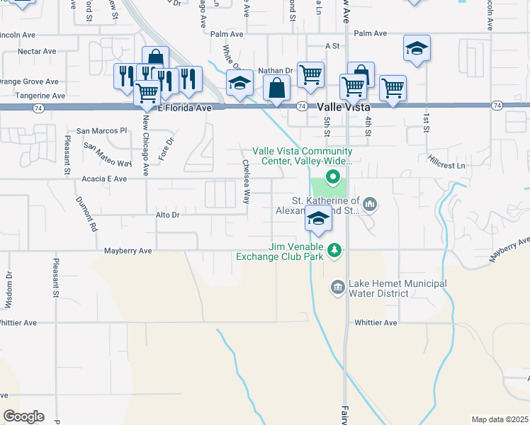 map of restaurants, bars, coffee shops, grocery stores, and more near 43715 Payne Avenue in Hemet