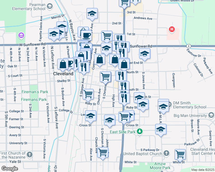 map of restaurants, bars, coffee shops, grocery stores, and more near 201-299 South Chrisman Avenue in Cleveland
