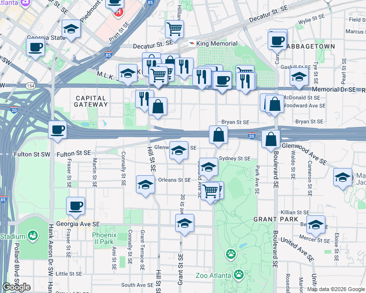map of restaurants, bars, coffee shops, grocery stores, and more near 444 Grant Street Southeast in Atlanta