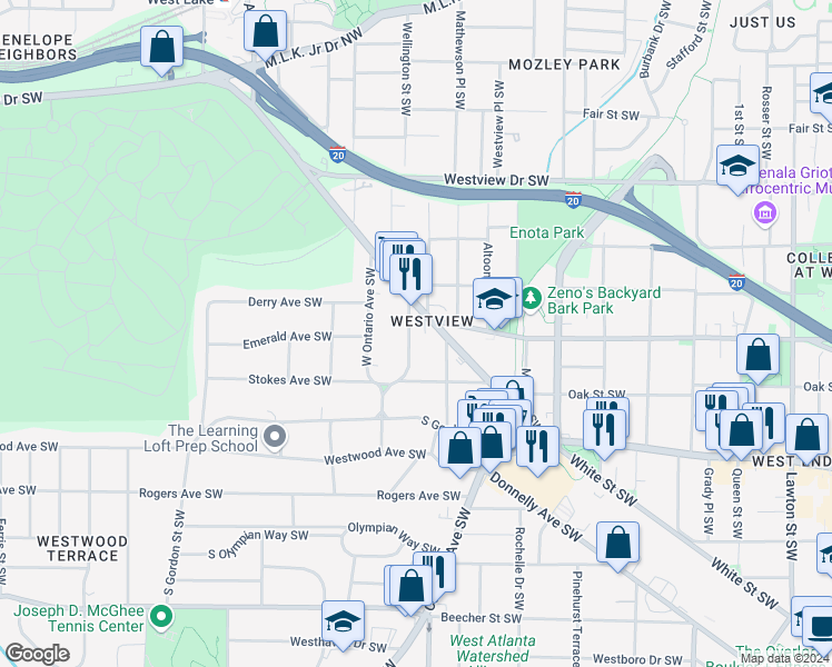 map of restaurants, bars, coffee shops, grocery stores, and more near 466 East Ontario Avenue Southwest in Atlanta