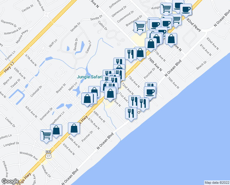 map of restaurants, bars, coffee shops, grocery stores, and more near 7050 North Kings Highway in Myrtle Beach