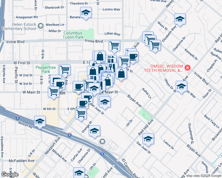 map of restaurants, bars, coffee shops, grocery stores, and more near 1081 East Main Street in Tustin
