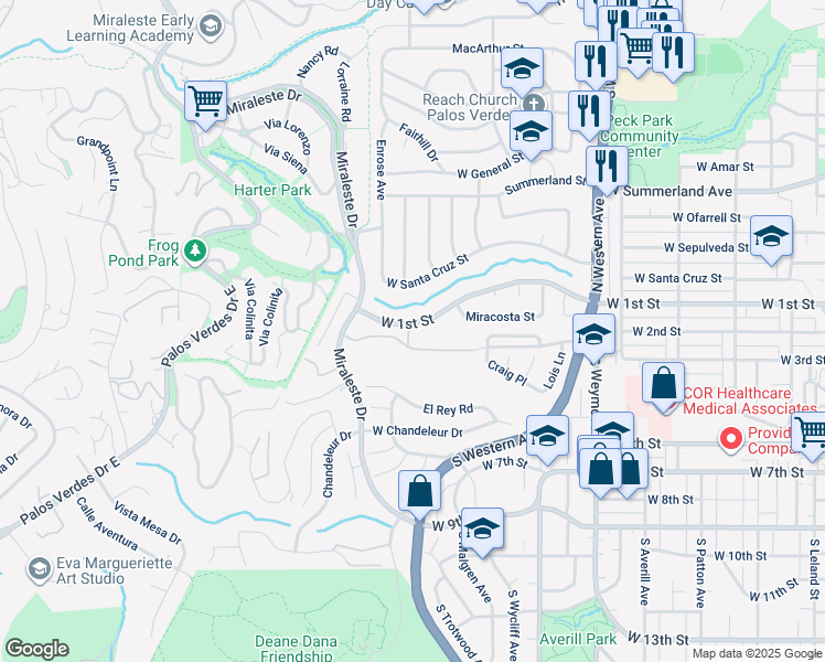 map of restaurants, bars, coffee shops, grocery stores, and more near 394 Miraleste Drive in Los Angeles