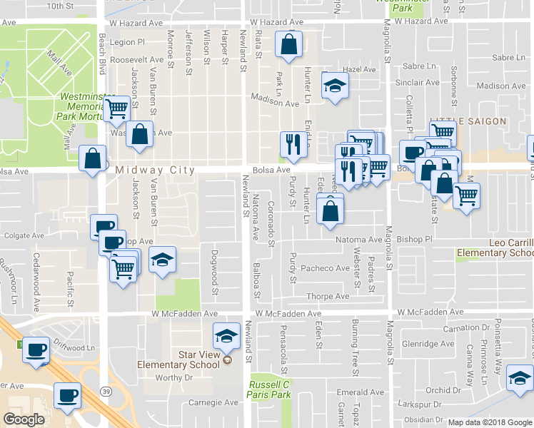 map of restaurants, bars, coffee shops, grocery stores, and more near 15151 Coronado Street in Westminster