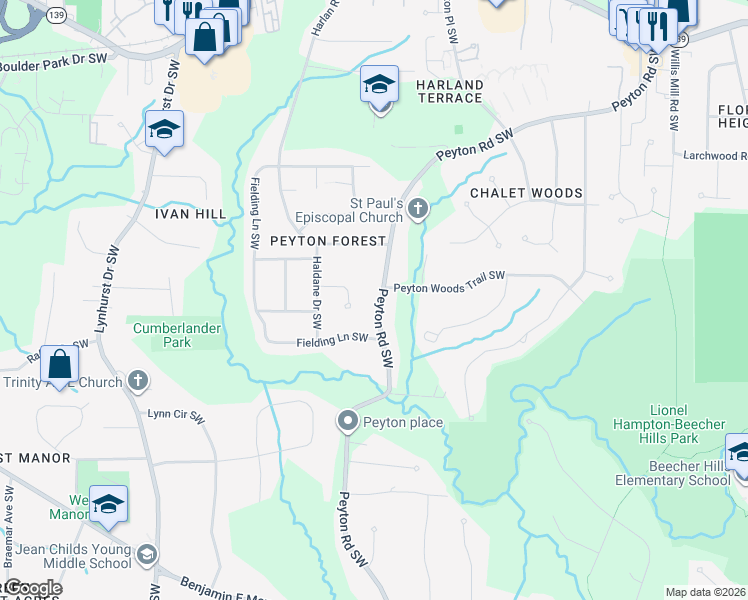 map of restaurants, bars, coffee shops, grocery stores, and more near 2825 Monica Court Southwest in Atlanta