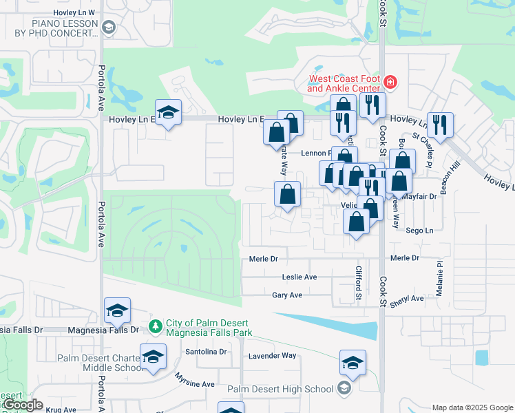 map of restaurants, bars, coffee shops, grocery stores, and more near 42057 Verdin Lane in Palm Desert