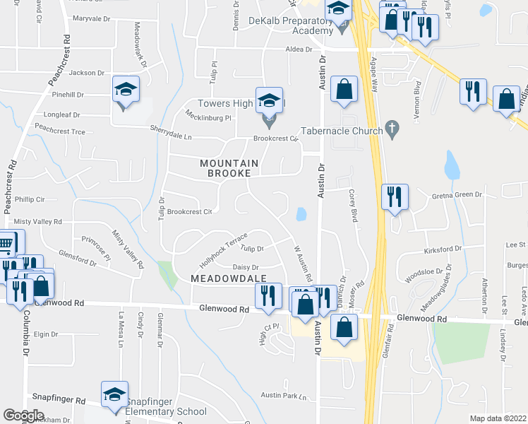 map of restaurants, bars, coffee shops, grocery stores, and more near 1727 West Austin Road in Decatur