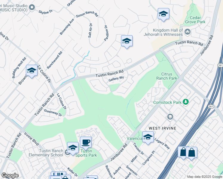 map of restaurants, bars, coffee shops, grocery stores, and more near 259 Gallery Way in Tustin