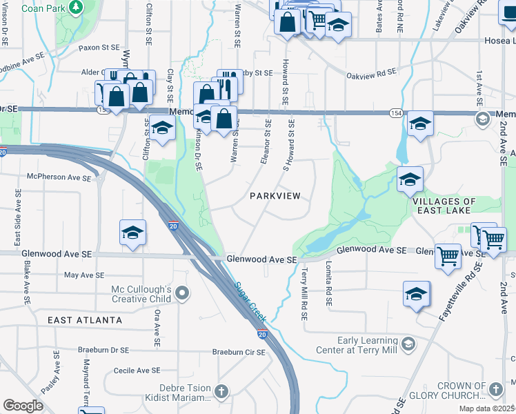 map of restaurants, bars, coffee shops, grocery stores, and more near 387 South Howard Street Southeast in Atlanta